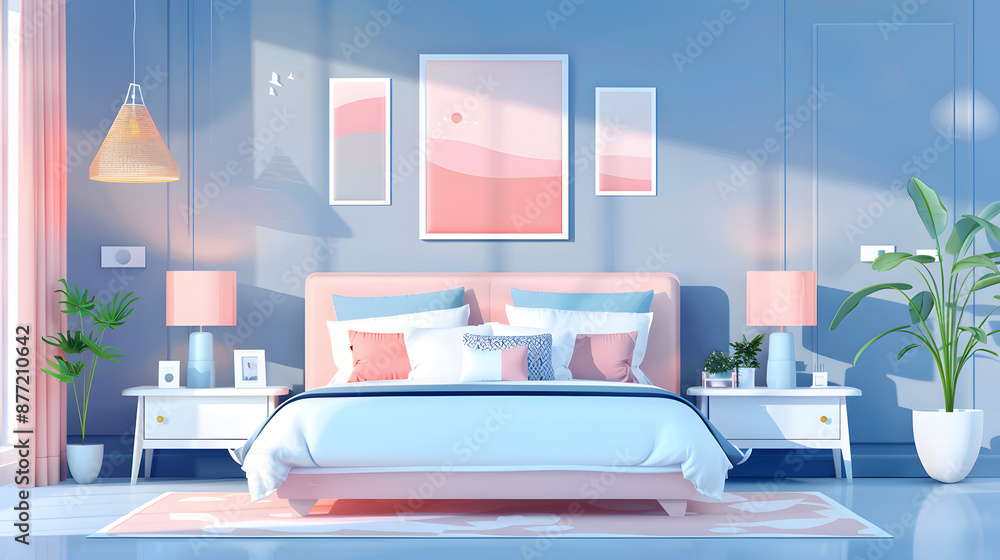 Fototapeta premium A bedroom with a large bed, nightstands, and a dresser