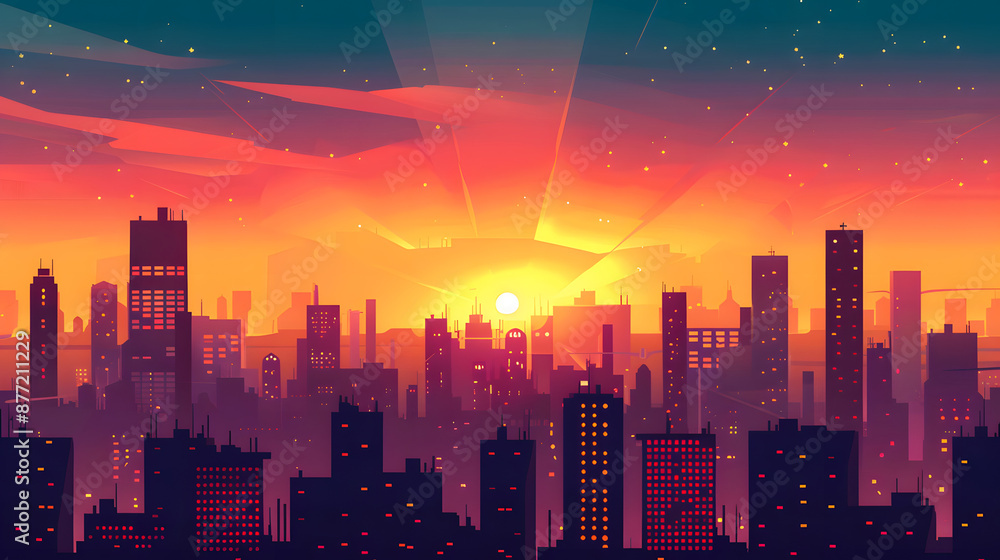 Fototapeta premium A city skyline with a large orange sun in the background