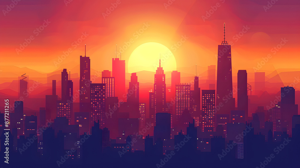 A city skyline with a large orange sun in the background A city skyline with a large orange sun in the background