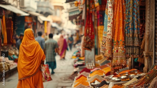 A vibrant Indian bazaar with merchants selling traditional clothes, jewelry, and spices, showcasing the lively atmosphere of a typical market,