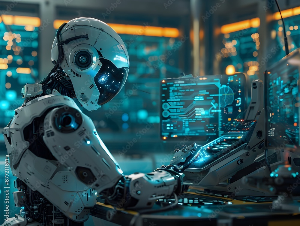 Advanced Robot Engineer Working on Cutting edge System in Futuristic Laboratory Backdrop Advanced Robot Engineer Working on Cutting edge System in Futuristic Laboratory Backdrop