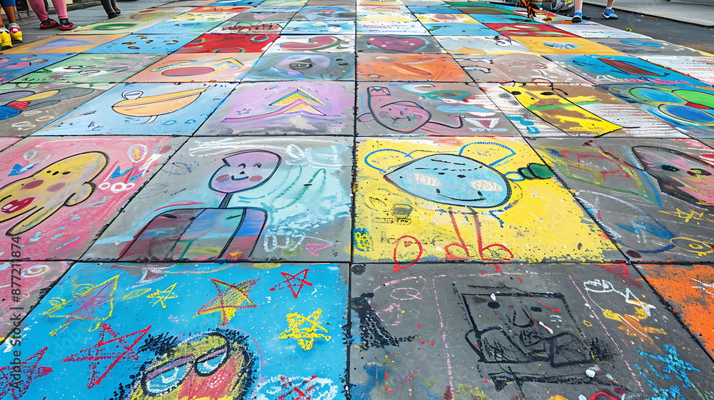 Naklejka premium Colorful Chalk Drawings on a Sidewalk Representing Creativity and Childhood Joy