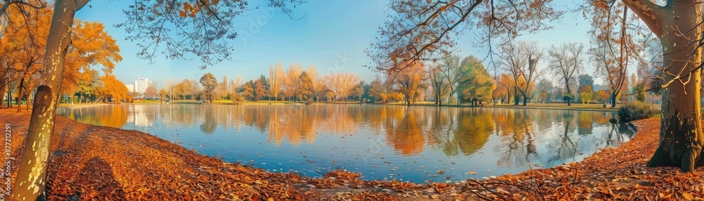 Panoramic view of a tranquil autumn lake surrounded by colorful foliage and trees reflecting in the calm water under a clear blue sky. Panoramic view of a tranquil autumn lake surrounded by colorful foliage and trees reflecting in the calm water under a clear blue sky.