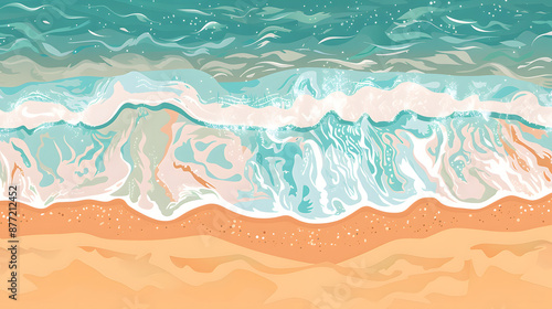 A beach scene with a large wave crashing on the shore. The sky is cloudy and the sun is shining through the clouds