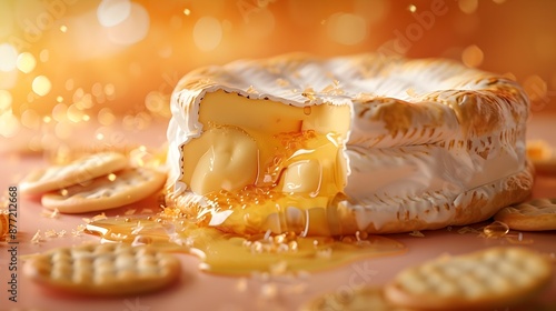 Melted Brie Cheese Flowing Out of Warm Baked Pastry with Crackers and Honey on Pastel Background photo