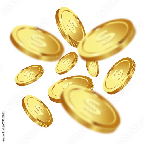 Realistic gold coin on white background. Falling or flying money. Vector 3d illustration
