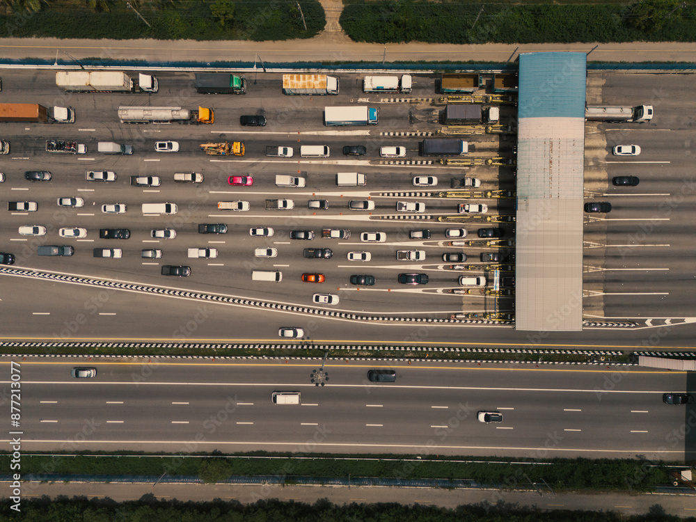 Aerial view gate for expressway fee payment in the city.. Aerial view gate for expressway fee payment in the city..