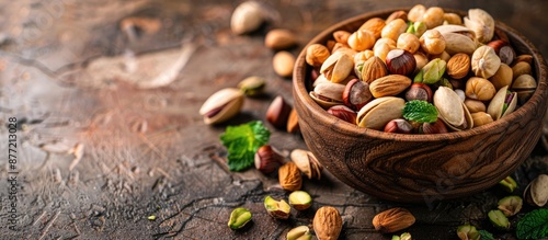Display a variety of nuts like pistachios peanuts cashews and almonds in a rustic wooden bowl for a healthy and vegetarian snack option representing the concept of superfoods Incorporates a copy space