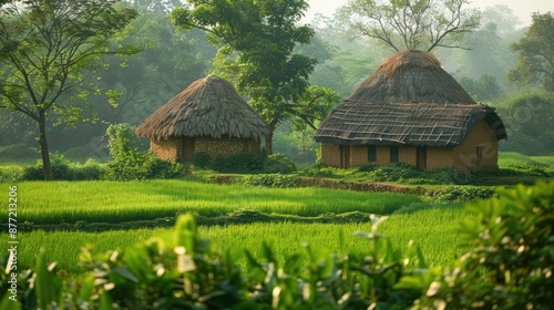 A serene image of a rural Indian village with mud huts, traditional thatched roofs, and lush green fields, capturing the simplicity and beauty of village life