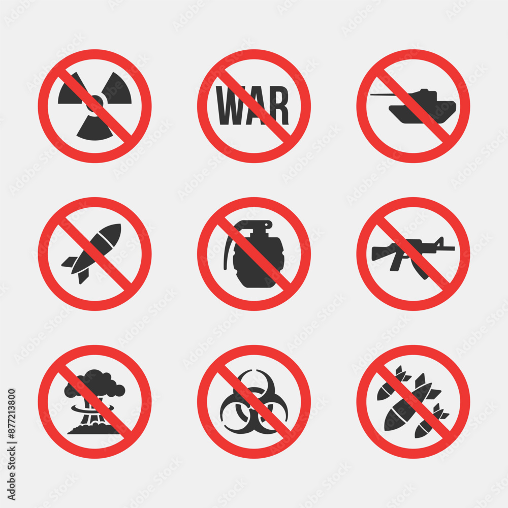 Red Stop Sign Military Weapon Collection. No War Symbol Silhouette Icon Set Red Stop Sign Military Weapon Collection. No War Symbol Silhouette Icon Set