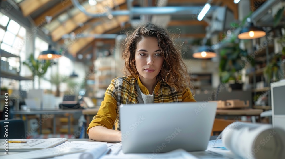 Fototapeta premium Young Woman Working on Laptop in a Modern Office