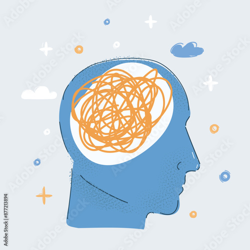 Cartoon vector illustration of human head with mess in mind