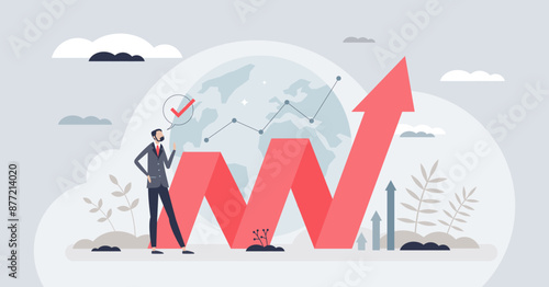 Stock market growth with investment profit planning tiny person concept. Ascending future finance trend forecasting with economical development and successful earning rate vector illustration.