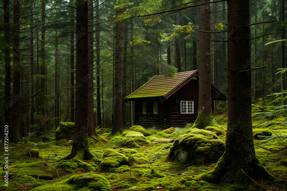 Lonely cabin in a coniferous forest Lonely cabin in a coniferous forest