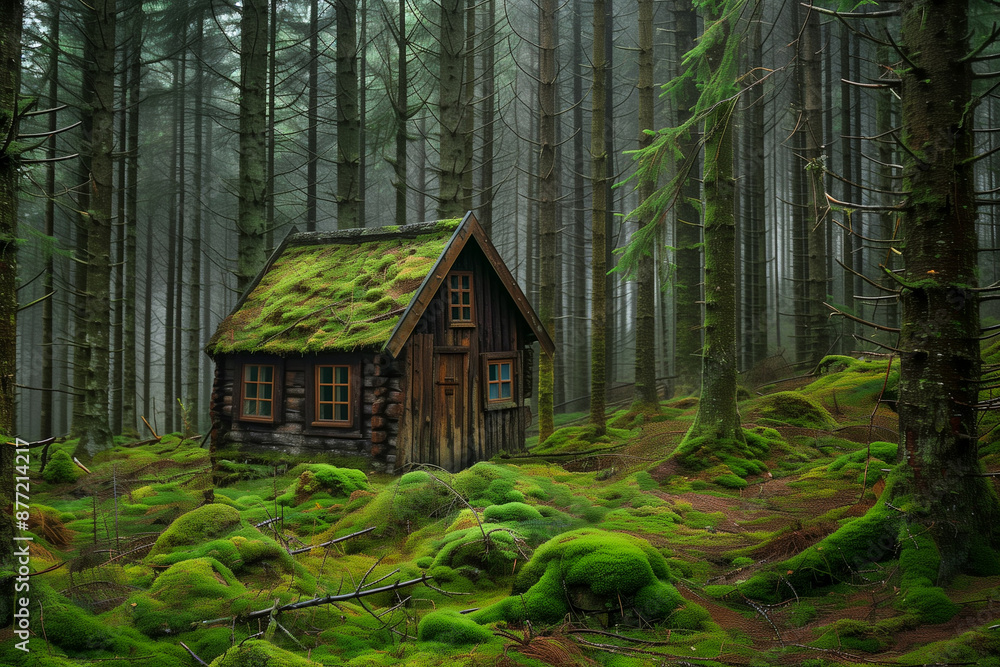 Lonely cabin in a coniferous forest Lonely cabin in a coniferous forest