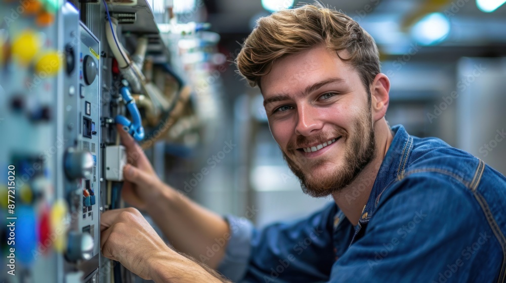 Smiling Electrician Working on Industrial Control Panel Smiling Electrician Working on Industrial Control Panel