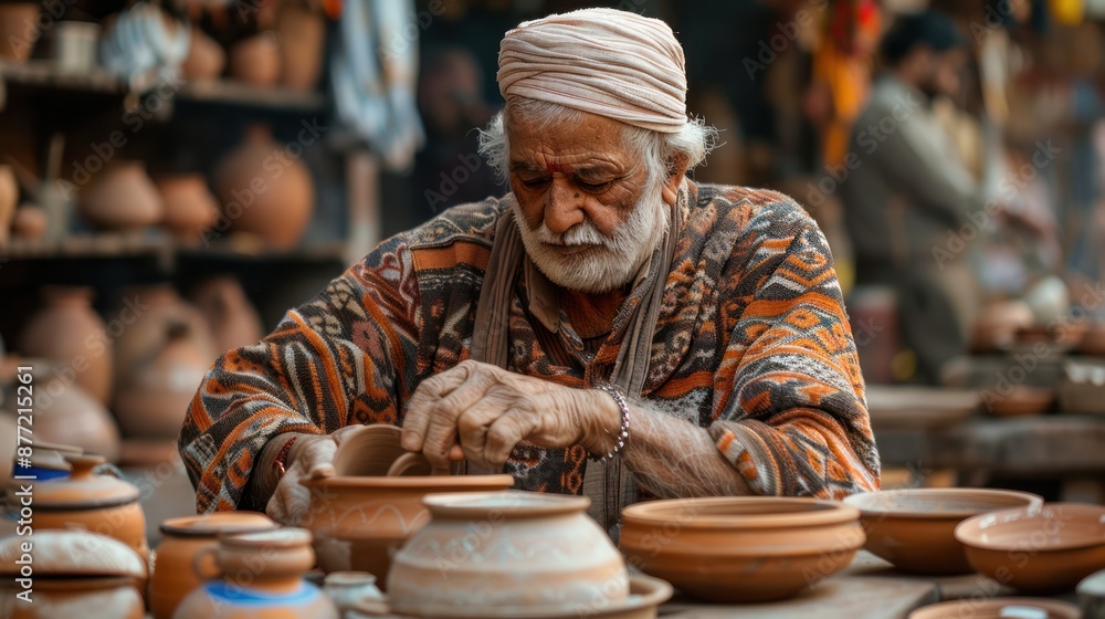 An artisan meticulously crafting pottery, reflecting the rich tradition of handmade goods in India An artisan meticulously crafting pottery, reflecting the rich tradition of handmade goods in India