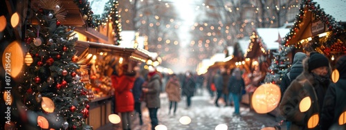 A busy street with people walking and a Christmas tree in the background. The atmosphere is festive and lively