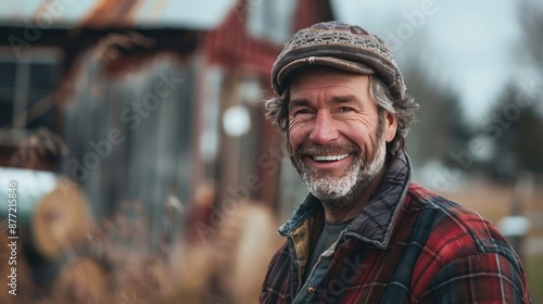 Smiling Elderly Man in Plaid Shirt and Cap