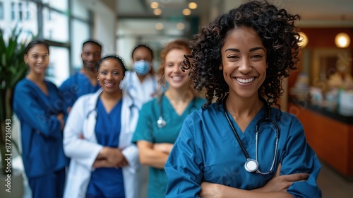 Confident Nurse in Blue Scrubs with a Team Behind Her