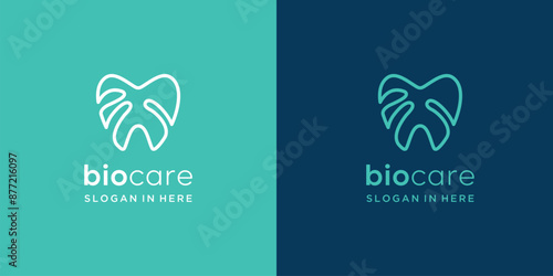 Line logo  leaf / dental teeth tooth dentistry clinic logo vector illustration.