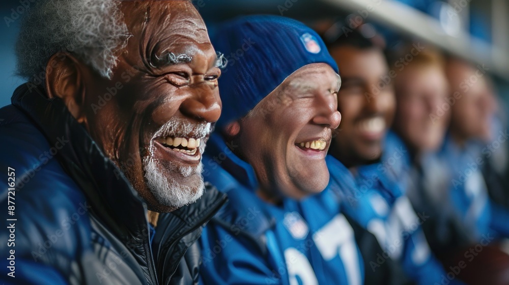 A Group of Smiling Fans Wearing Blue Jerseys A Group of Smiling Fans Wearing Blue Jerseys