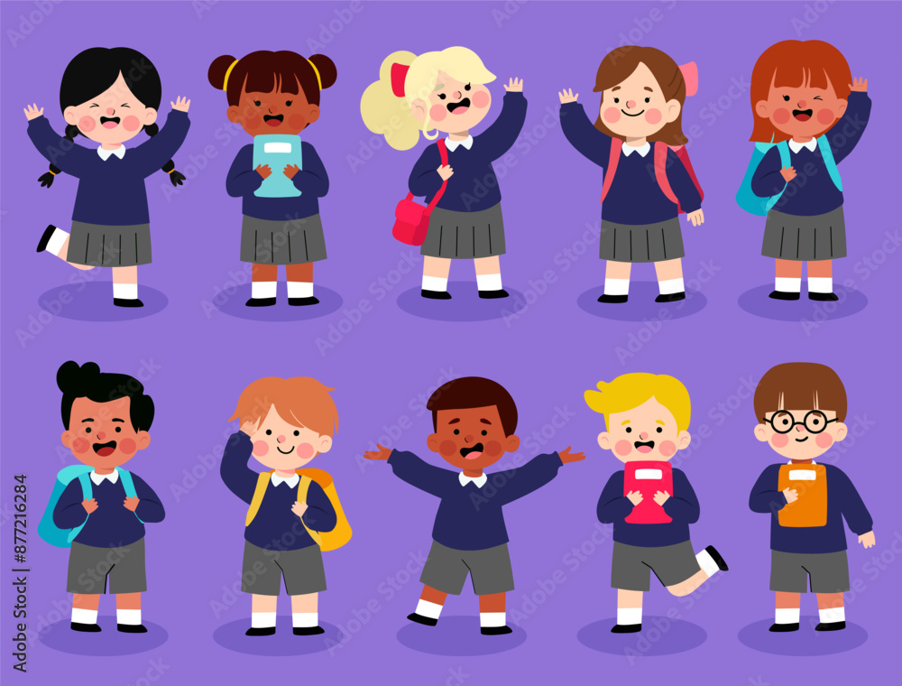 Happy kids cartoon collection. Multicultural children in different positions isolated on purple background.vector illustration Happy kids cartoon collection. Multicultural children in different positions isolated on purple background.vector illustration