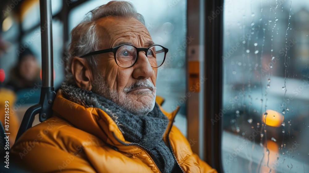 A Thoughtful Man Gazing Out a Bus Window A Thoughtful Man Gazing Out a Bus Window