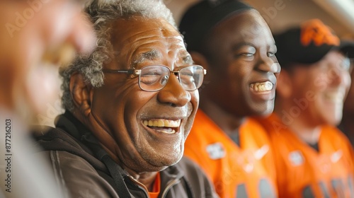 Elderly Man Smiles Joyfully at a Sporting Event