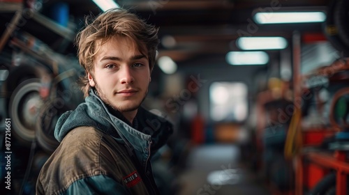 Young Man in a Garage, Looking at Camera