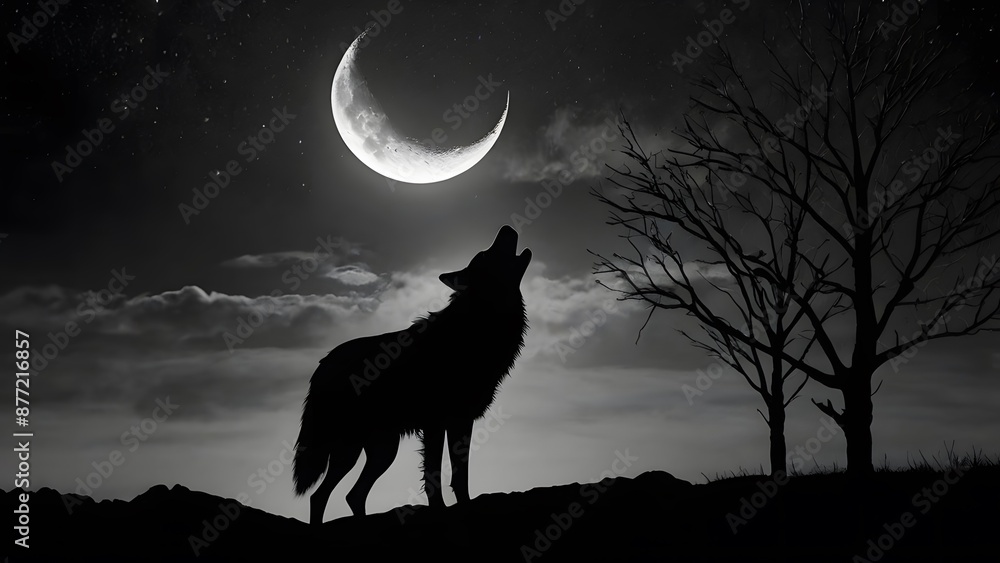 Wolf on black background howling at the moon, silhouette sharp and clear. Modern exclusive background for poster, wallpaper. 8k, high quality, high resolution, professional photography. Wolf on black background howling at the moon, silhouette sharp and clear. Modern exclusive background for poster, wallpaper. 8k, high quality, high resolution, professional photography.