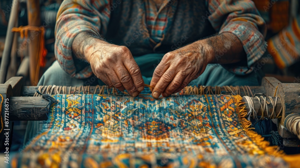A craftsman weaving a colorful Indian carpet on a traditional loom, showcasing the skilled craftsmanship and heritage of Indian textiles A craftsman weaving a colorful Indian carpet on a traditional loom, showcasing the skilled craftsmanship and heritage of Indian textiles