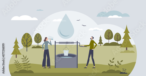 Clean drinking water as pure underground resource tiny person concept. Freshwater well for underground mineral water extraction vector illustration. Hydration with clear and purified ground source.