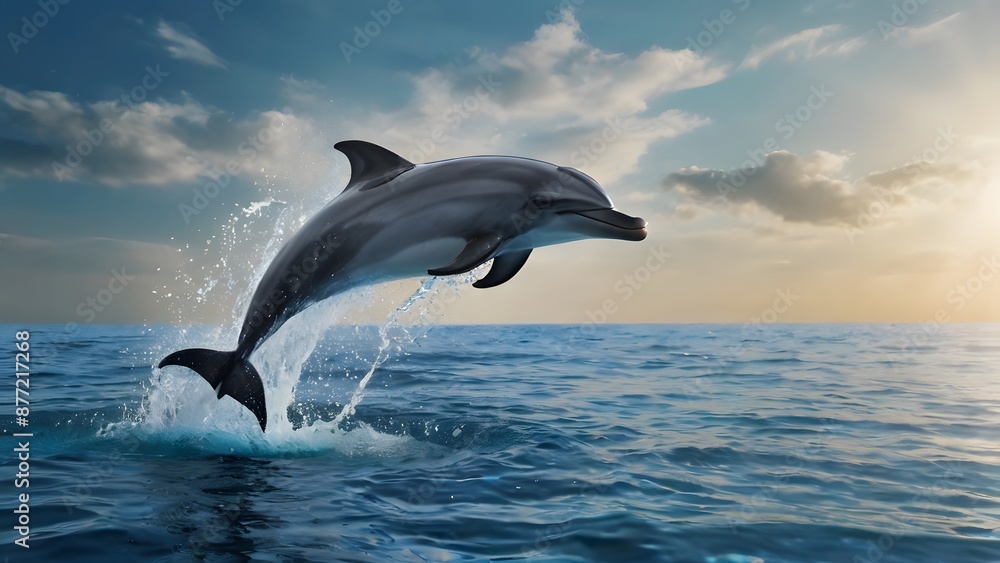 Dolphin leaping out of the water, droplets suspended in mid-air. Modern exclusive background for poster, wallpaper. High quality, high resolution, professional photography. Dolphin leaping out of the water, droplets suspended in mid-air. Modern exclusive background for poster, wallpaper. High quality, high resolution, professional photography.