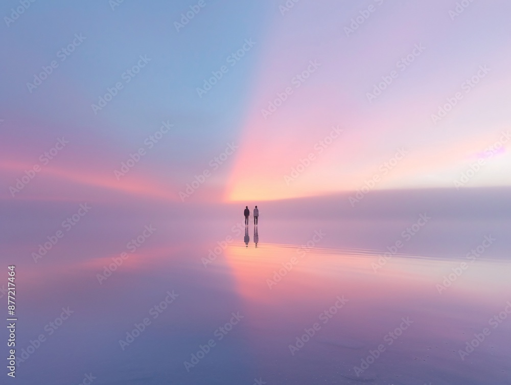 Two People Admiring Stunning Sunset Reflection On Calm Water Surface Two People Admiring Stunning Sunset Reflection On Calm Water Surface