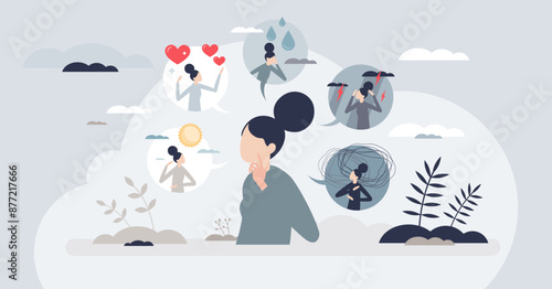 Feelings and psychological mental emotions tiny person concept. Mind expression with happiness, love, sadness, anger and anxiety mood changes vector illustration. Life perception and mood differences