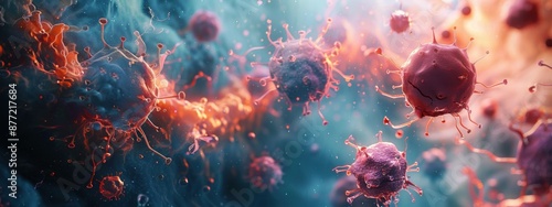 A colorful image of many red and pink particles floating in the air. The particles are small and appear to be moving in different directions. Scene is chaotic and energetic