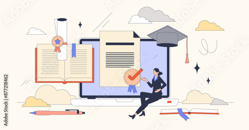 Accredited online courses with official study program tiny person neubrutalism concept. Trust and quality approval for academic platform in web vector illustration. Digital remote learning system.