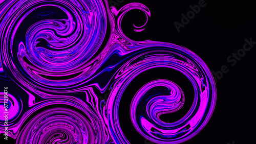 Fluid blur neon light purple pink swirl line on black background. Abstract liquid backdrop. Glitch Art trippy digital wallpaper. Textured gradient. Violet blue color. Metaverse. Wave pattern. Poster