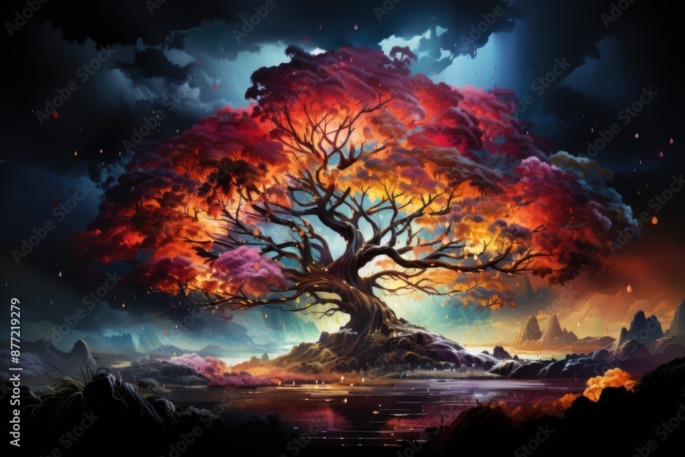 LONELY BLOSSOMING TREE IN FIELD, generative IA LONELY BLOSSOMING TREE IN FIELD, generative IA