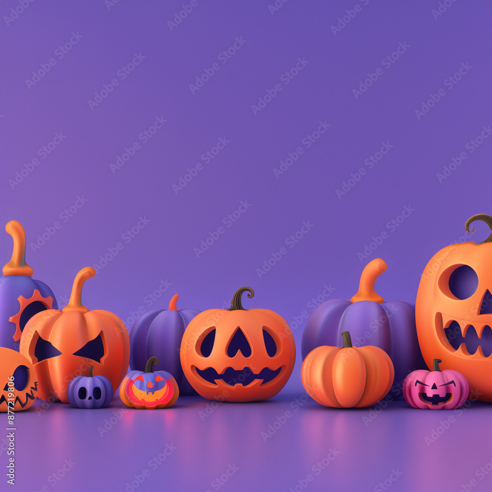 Jack O'Lantern pumpkins and cute Halloween decorations in purple color tone with copy space for text. Volume 15. Square aspect ratio. Jack O'Lantern pumpkins and cute Halloween decorations in purple color tone with copy space for text. Volume 15. Square aspect ratio.