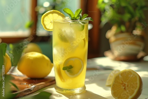 a glass of lemonade with lemons and mint leaves photo