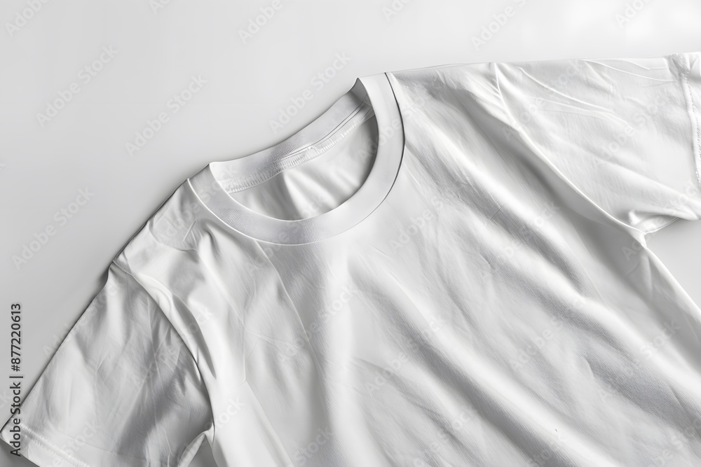 A mockup closeup of a plain white t-shirt, laid flat on a white surface, ideal for showcasing print designs and logos. A mockup closeup of a plain white t-shirt, laid flat on a white surface, ideal for showcasing print designs and logos.