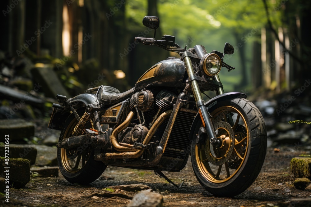 Realism on two wheels a journey detailed by the motorcycle in nature, generative IA Realism on two wheels a journey detailed by the motorcycle in nature, generative IA