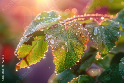 Close-up of dew-covered leaves with sunlight shining through. Vibrant colors and sparkling water droplets create a magical morning scene.