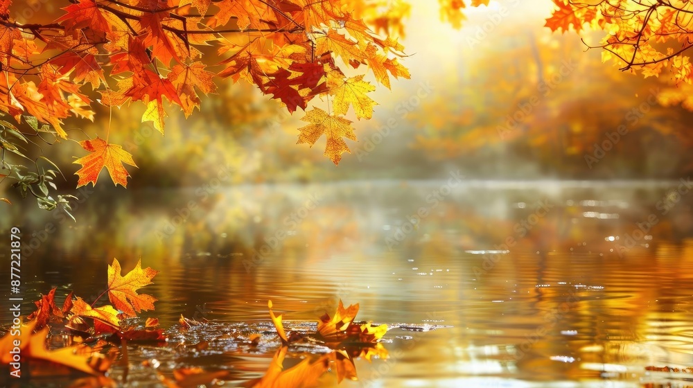 Stunning autumn scene with golden leaves reflecting on a tranquil lake under the warm sunlight, capturing the essence of fall beauty.