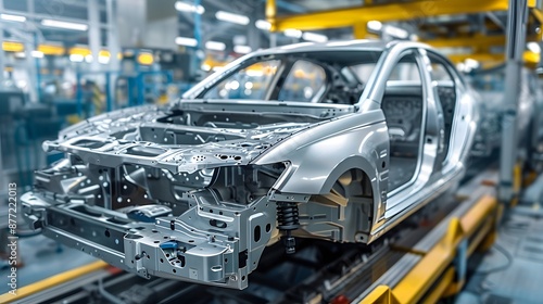 A car frame is being built on the assembly line in an automotive factory, showcasing its construction process and advanced technology used for various cars.