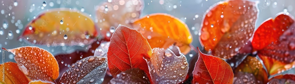 Close-up of vibrant autumn leaves covered in water droplets, capturing the beauty and details of fall foliage in nature. Close-up of vibrant autumn leaves covered in water droplets, capturing the beauty and details of fall foliage in nature.
