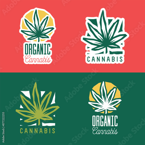 Organic cannabis logo badge with weed leaf. Vector illustration