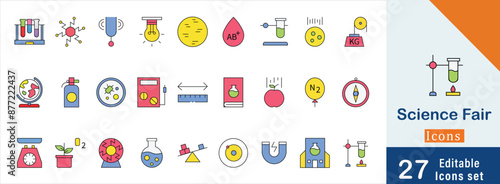 Science Fair flat icon set. containing Experiment, Laboratory, Scale, Chemical and more flat icon